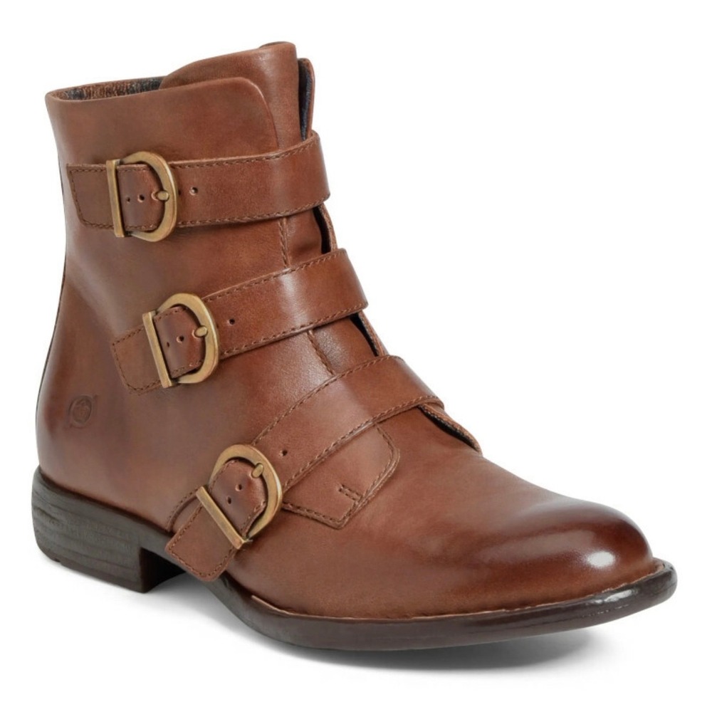 Born Womens Cognac Brown Leather Multi‎ Buckle Strap Ankle Moto Boots  9.5M